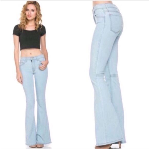 Mid Rise Faded Blue Stretch Denim Flared Bell Bottom Jeans NEW - Picture 5 of 6